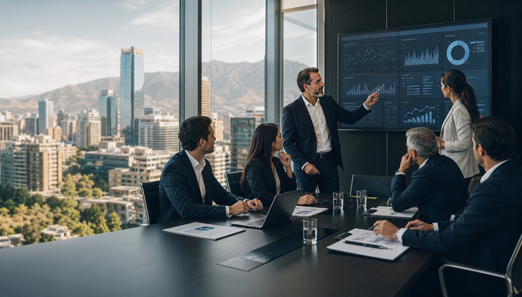 Equipo ejecutivo revisando indicadores de inteligencia artificial en una sala de directorio.